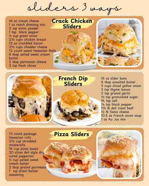 SLIDER 3 WAYS! CRACK CHICKEN SLIDERS: 16 oz cream cheese 1 oz ranch dressing mix 2 tsp onion powder...