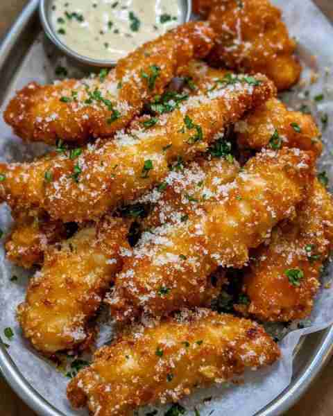 Garlic Parmesan Chicken Strips Crispy on the outside, tender on the inside—these oven-baked (or air-...