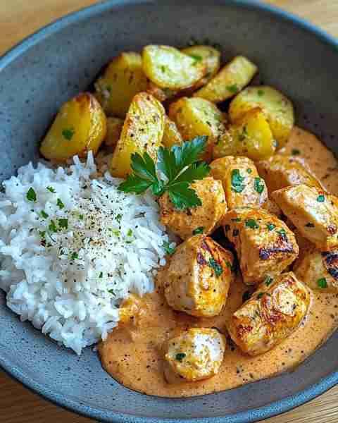 🔥 Loaded Creamy Chicken with Herb Potatoes & Fluffy Rice 🍗🥔🍚 Prep Time: Moderate Cooking Time: M...