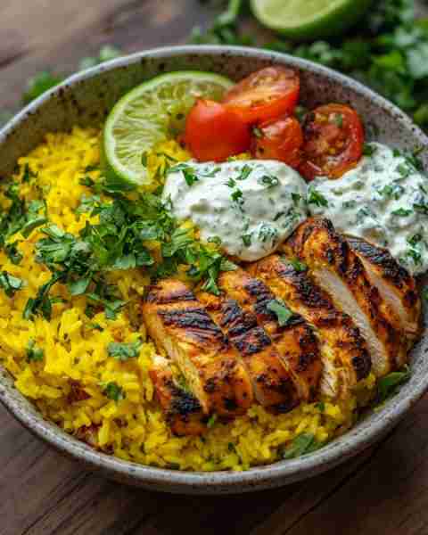 Grilled Chicken Shawarma Bowl with Golden Rice & Herby Yogurt 🍗🍋🍚 Prep Time: Moderate Cooking Tim...