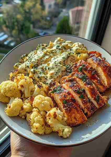 🌶️🍯🐔🥦🧄🧀 Spicy Hot Honey Chicken Alfredo with Parmesan Cauliflower & Roasted Garlic Pesto This i...