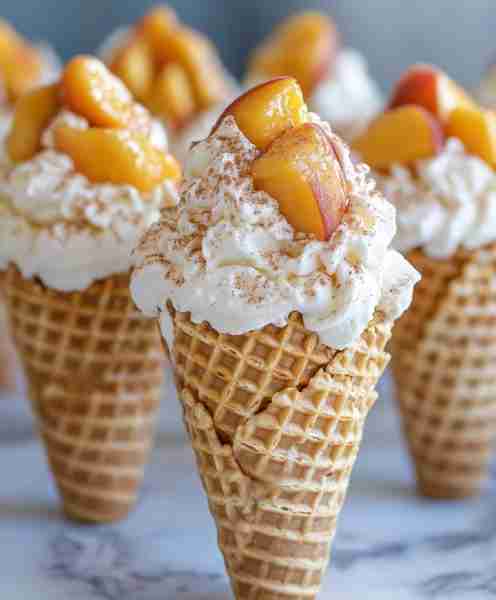 Peach Cobbler Cheesecake Cones 🧁🍑🍦 Portable desserts just got an upgrade! These cones are rich, c...