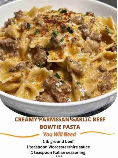 Creamy Beef and Bowtie Pasta 🍝🥄 Ingredients 🛒 1 lb ground beef 8 oz bowtie pasta (farfalle) 1 tbs...