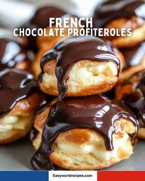 🍫 French Chocolate Profiteroles Golden choux pastry filled with vanilla cream and topped with warm...