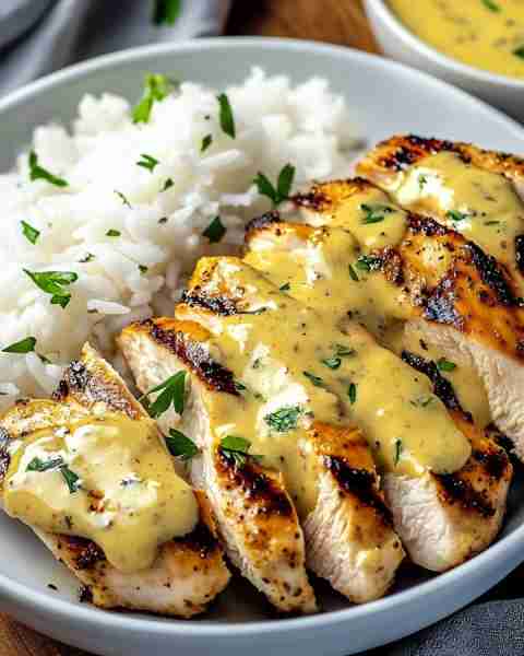 🍗 Grilled Chicken with Creamy Mustard Sauce & Fluffy Rice 🧄🍚🌿 Prep Time: Quick Cooking Time: Mod...