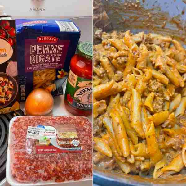 One pot creamy pasta is a simple and delicious dish. Start by browning 1 lb of ground sausage with o...