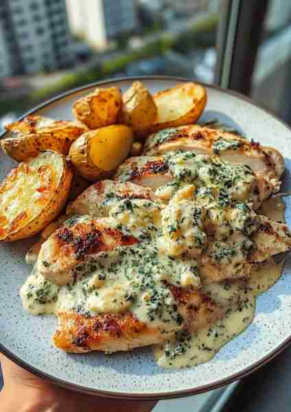🧀🌿🐔🥔🌟 Triple-Cheese Garlic Chicken Alfredo with Crispy Parmesan Potatoes & Spinach-Basil Pesto...
