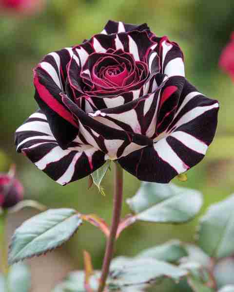 Zebra Rose (Rosa Hybrid) This unique rose captivates with its bold black and white striped petals, m...