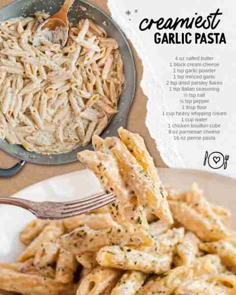 Creamiest Garlic Pasta! Ingredients 16 ounces penne pasta, 1 box ½ teaspoon salt for the pasta water...