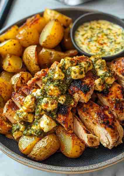 🌶️🌿🐔🥔🧀🍋 Spicy Greek Chicken Alfredo with Jalapeño Feta Pesto & Garlic Herb Potatoes This vibran...