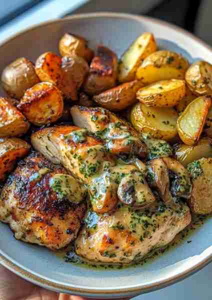 🍯🌶️🐔🥔🧅🍄 Hot Honey Garlic Chicken & Roasted Potatoes with Caramelized Shallot Mushroom Pesto Cre...
