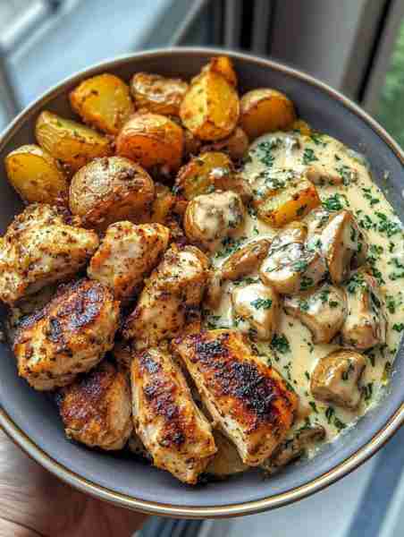 🧀🌿🐔🥔🍄🌟 Double Parmesan Garlic Chicken Alfredo with Crispy Sage Potatoes & Truffle Mushroom Cre...
