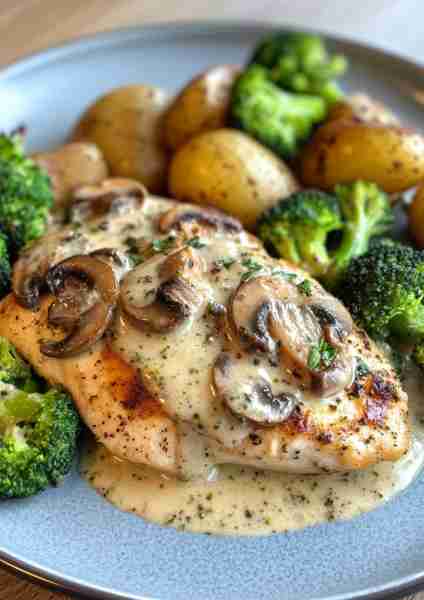 🥦🍄🧀🐔🥔 Creamy Mushroom Alfredo Chicken with Garlic Potatoes & Broccoli-Parmesan Crust This incre...