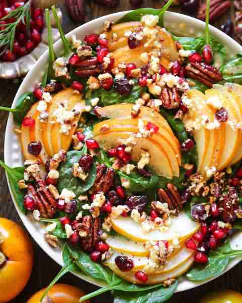 🍎🍐Pear Spinach Salad with Pecans, dried Cranberries, Feta, Pomegranate, and Maple-Lemon Dijon Must...