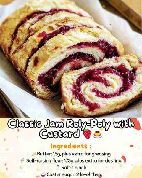 Classic Jam Roly-Poly with Custard 🍓🍮 A nostalgic British pudding that’s pure comfort on a plate!...