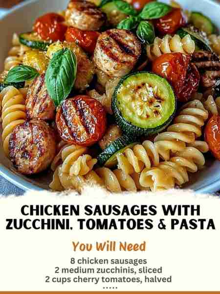 Chicken Sausages with Zucchini, Tomatoes & Pasta Ingredients: 8 chicken sausages