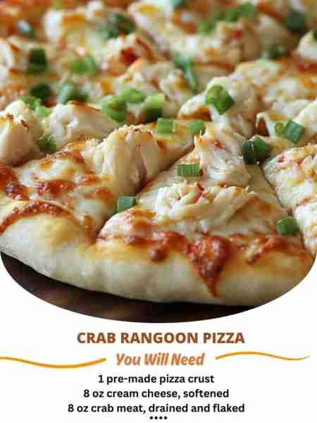 Crab Rangoon Pizza Ingredients: - Pizza dough - Cream cheese - Imitation crab meat - Green onions, c...