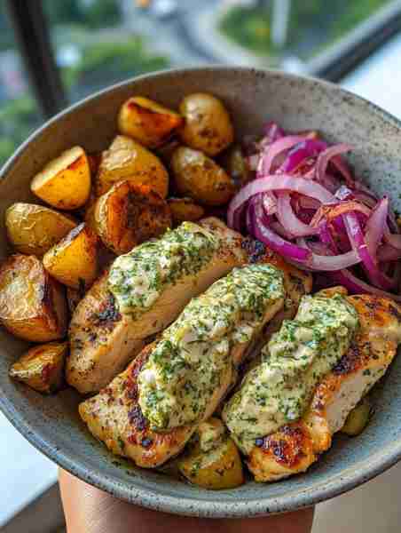🍋🌿🐔🥔🧀🧅 Lemon-Dill Garlic Chicken with Roasted Potatoes & Creamy Mushroom Feta Pesto This vibra...