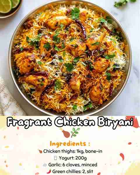 Fragrant Chicken Biryani 🍗🌿 This layered Mughlai masterpiece combines spiced chicken, saffron rice...