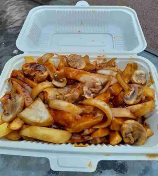 Chips onions and mushrooms in gravy on the go 👍
