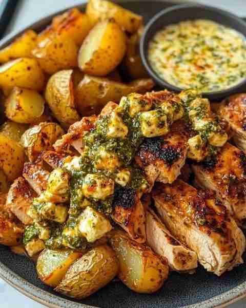 🌶️🌿🐔🥔🧀🍋 Spicy Greek Chicken Alfredo with Jalapeño Feta Pesto & Garlic Herb Potatoes This vibran...