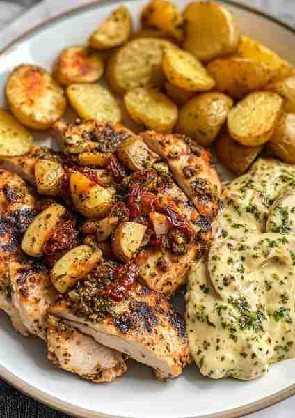 🧄🌿🐔🥔🍅🧀 Greek Garlic Chicken with Crispy Potatoes & Sun-Dried Tomato Artichoke Pesto Cream This...