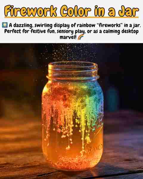 Firework Color in a Jar Ingredients: - 1 clear mason jar (16 oz) with tight-fitting lid - ¾ cup war...