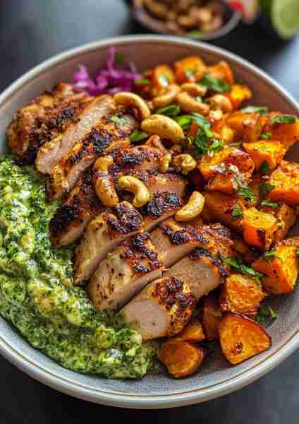 🥥🌶️🌿🐔🍠🌰 Coconut Garlic Chicken Alfredo with Roasted Sweet Potatoes & Spicy Basil Pesto Cream Th...