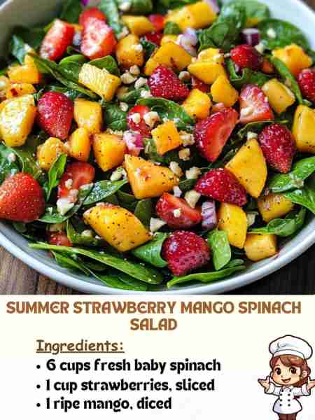 SUMMER Strawberry Mango Spinach Salad Ingredients 6 cups fresh baby spinach 1 cup strawberries, sli...
