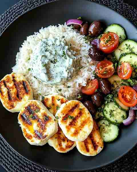 🔥 Ultimate Greek Halloumi Bowl with Tzatziki & Veggie Medley 🇬🇷🍚 Prep Time: Refreshingly quick Coo...