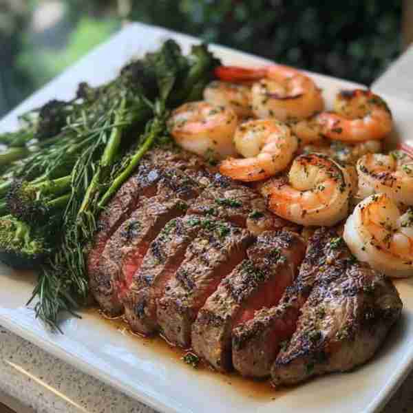 🥩 Garlic Herb Surf & Turf with Roasted Broccolini Juicy medium-rare steak meets tender shrimp and s...
