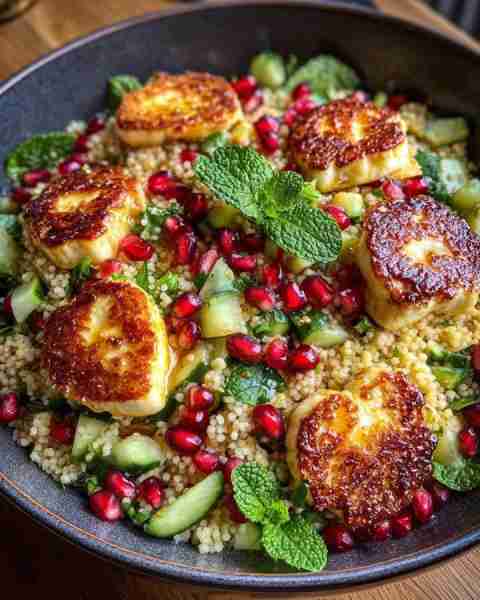 Halloumi & Pomegranate Couscous Salad with Mint-Lemon Dressing Ingredients (Serves 2–3): For the Sal...
