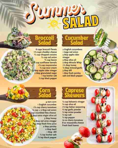 REFRESHING SUMMER SALAD BROCCOLI SALAD: 6 cups broccoli florets 1½ cups cheddar cheese ⅔ cup chopped...