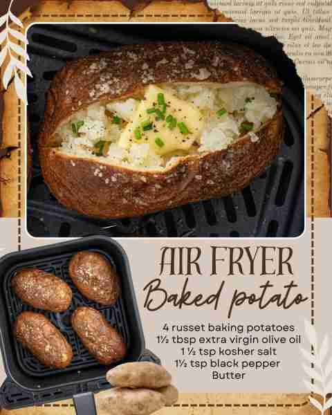 AIR FRYER BAKED POTATO! 🥔 4 russet baking potatoes 🥔 1½ tbsp extra virgin olive oil 🥔 1 ½ tsp kos...