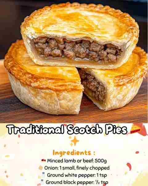 Traditional Scotch Pies 🥧✨ Golden, hearty, and filled with well-seasoned minced meat, these beauti...