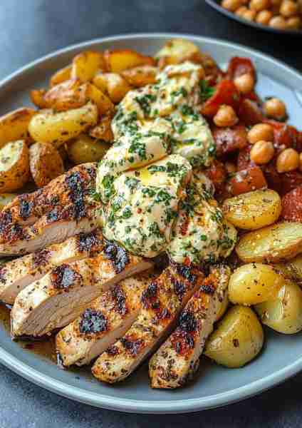 🔥🌿🐔🥔🌶️🧀 Greek Garlic Chicken & Crispy Potatoes with Roasted Red Pepper Whipped Feta Pesto This...