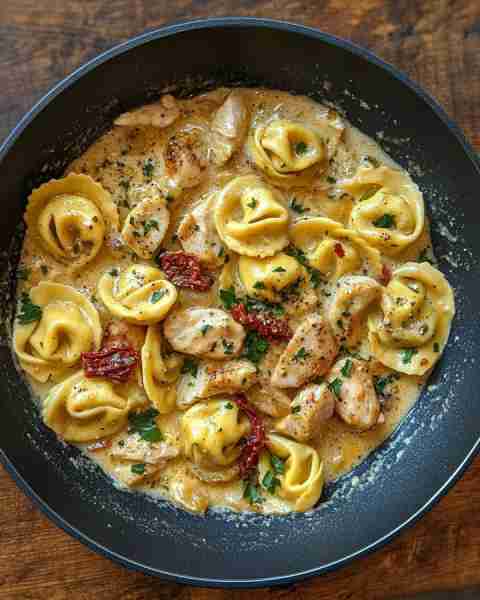 🧄🥰 Creamy Garlic Chicken Tortellini Skillet with Sun-Dried Tomato Magic 🍗🍝🌿 Prep Time: Short Co...