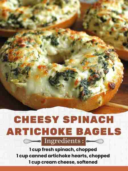 Cheesy Spinach Artichoke Bagels Ingredients: 4 bagels, halved 1 cup fresh spinach, chopped 1 cup can...