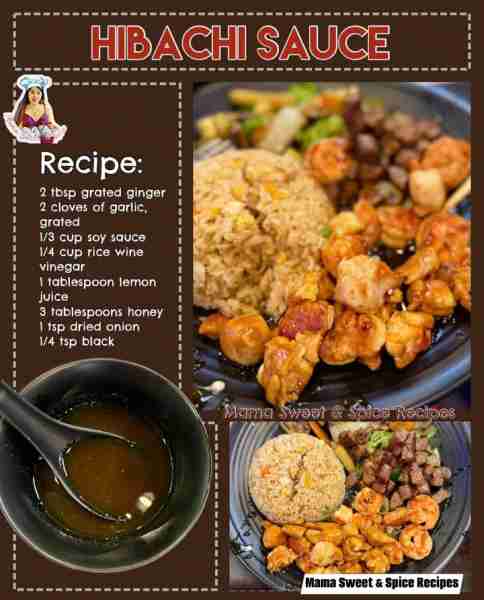 Tangy and delicious Hibachi Sauce! Recipe: 2 tbsp grated ginger 2 cloves of garlic, grated 1/3 cup s...
