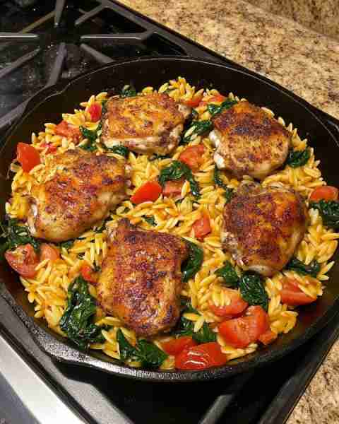 🍗🔥 One-Pan Epic Chicken & Orzo Skillet with Spinach & Tomatoes 🍅🌿 Prep Time: Short Cooking Time:...