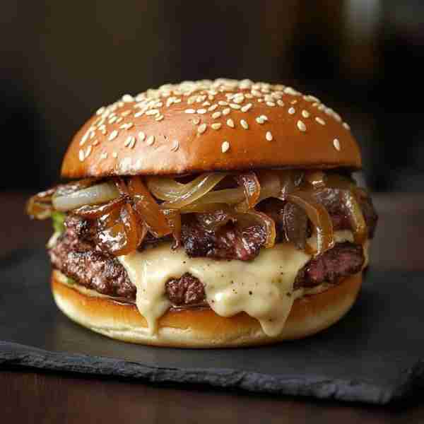Steak & Caramelized Onion Burger with Creamy Garlic Sauce Ingredients: 2 sesame seed burger buns 8 o...