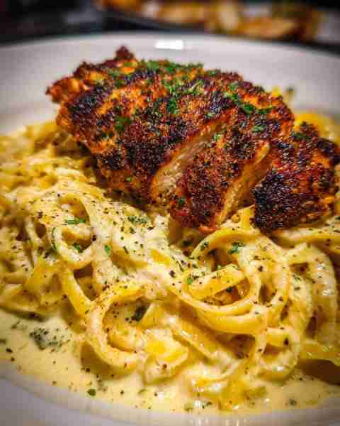 Spicy blackened chicken paired with Creamy Parmesan-Garlic Linguine Ingredients: 2 boneless, skinles...