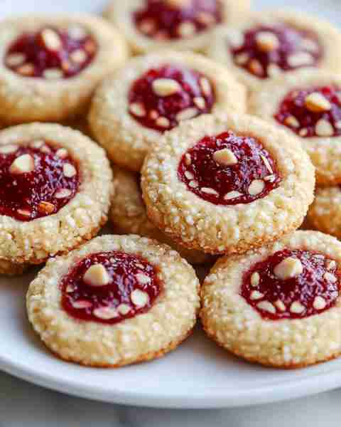Raspberry almond shortbread cookies Ingredients: - 1 cup unsalted butter, softened - 1/2 cup powdere...