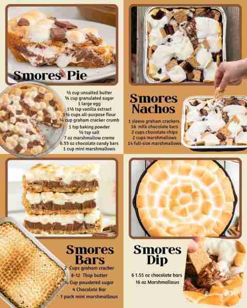 You need to try these s'mores desserts! S'MORES PIE: ½ cup unsalted butter ¾ cup granulated sugar 1...