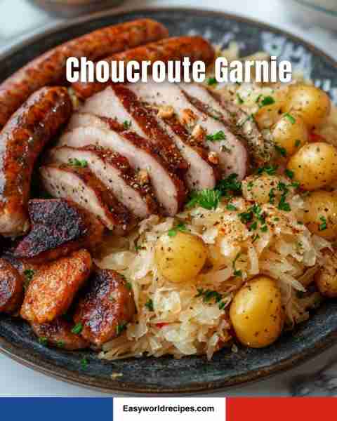 🇫🇷 Choucroute Garnie A traditional Alsace dish loaded with sauerkraut, assorted sausages, and tender...