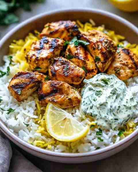 Ultimate Grilled Chicken Rice Bowl with Herbed Yogurt Sauce 🍋🔥 Prep Time: 20 minutes Cook Time: 15...