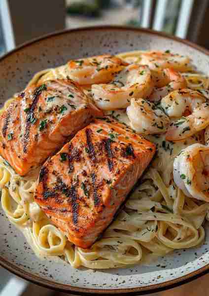 🐟🦐🍝 Grilled Salmon & Shrimp Fettuccine Alfredo This luxurious dish features perfectly grilled sal...