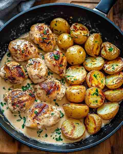 🔥 Creamy Garlic Chicken with Roasted Baby Potatoes 🥔🍗 Prep Time: 15 minutes Cook Time: 30 minutes...