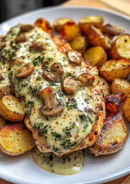 🥬🍄🧀🐔🥔🌶️ Greek Garlic Chicken & Crispy Potatoes with Spinach-Artichoke Mushroom Pesto Cream This...