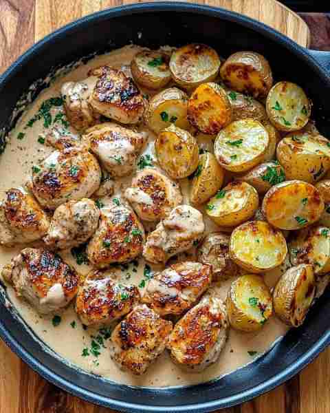 🔥 Ultimate Creamy Garlic Chicken with Roasted Baby Potatoes 🥔💛 Prep Time: 15 minutes Cook Time: 3...